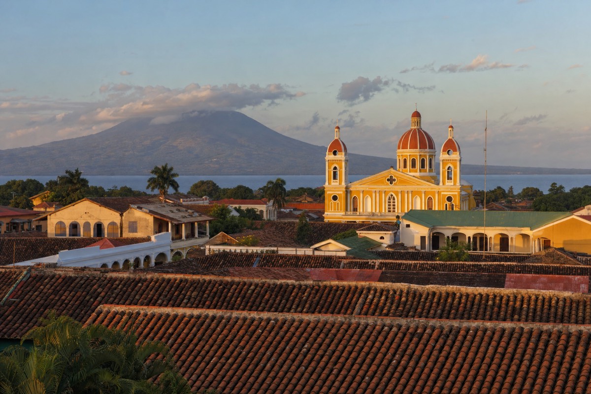 The pastel colonial streets and cathedral of Granada, Nicaragua at golden hour