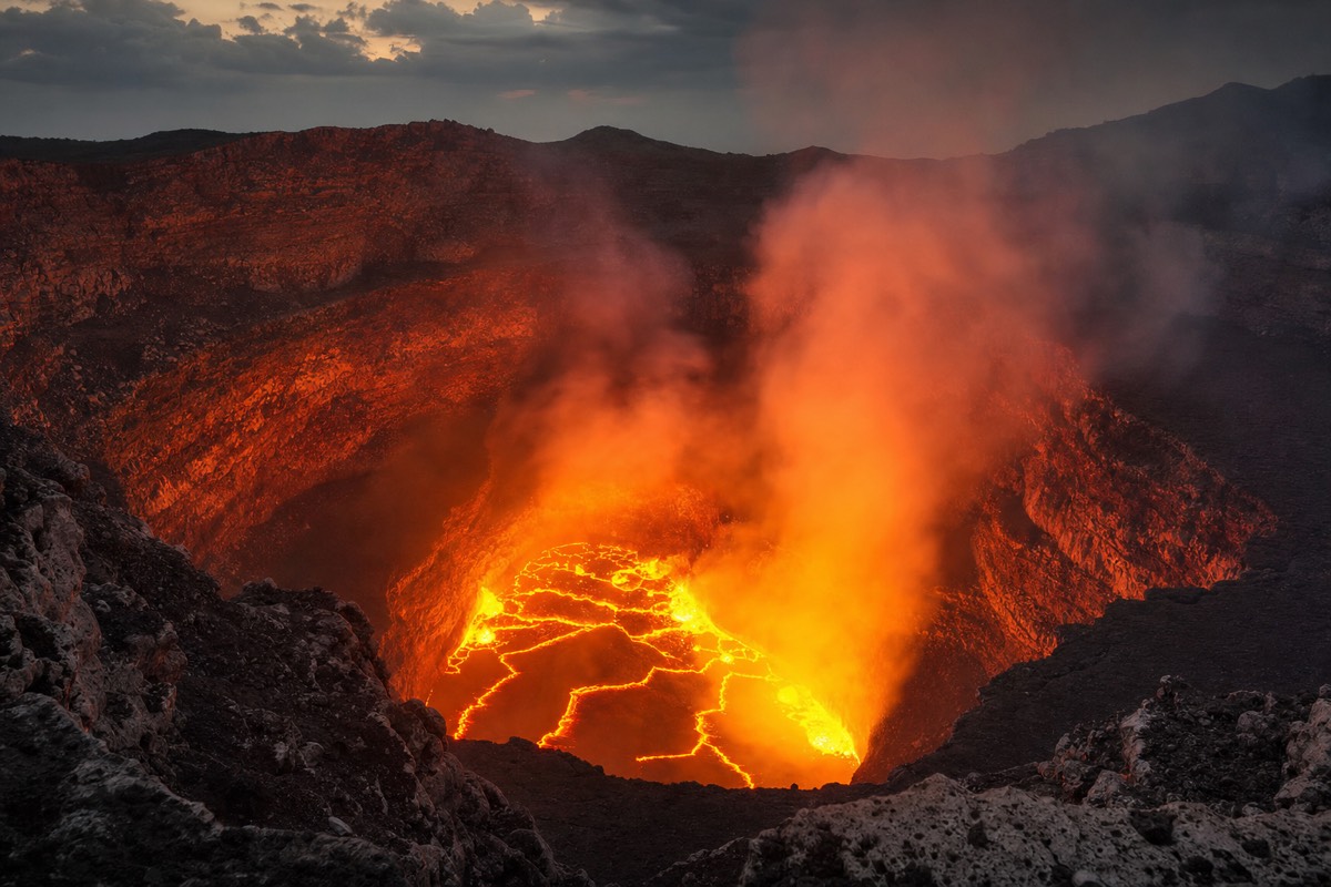 The crater rim at Masaya Volcano glowing red at night from the lava lake