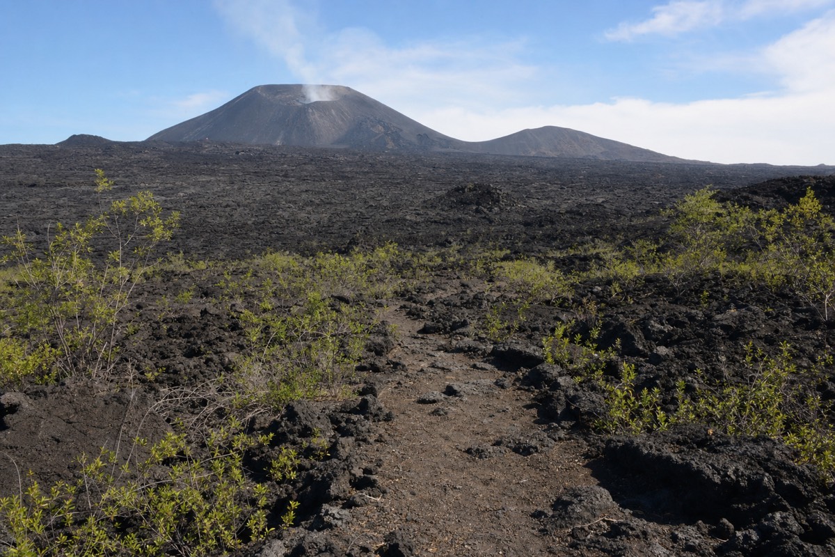 A walking trail across the black lava fields inside Masaya Volcano National Park