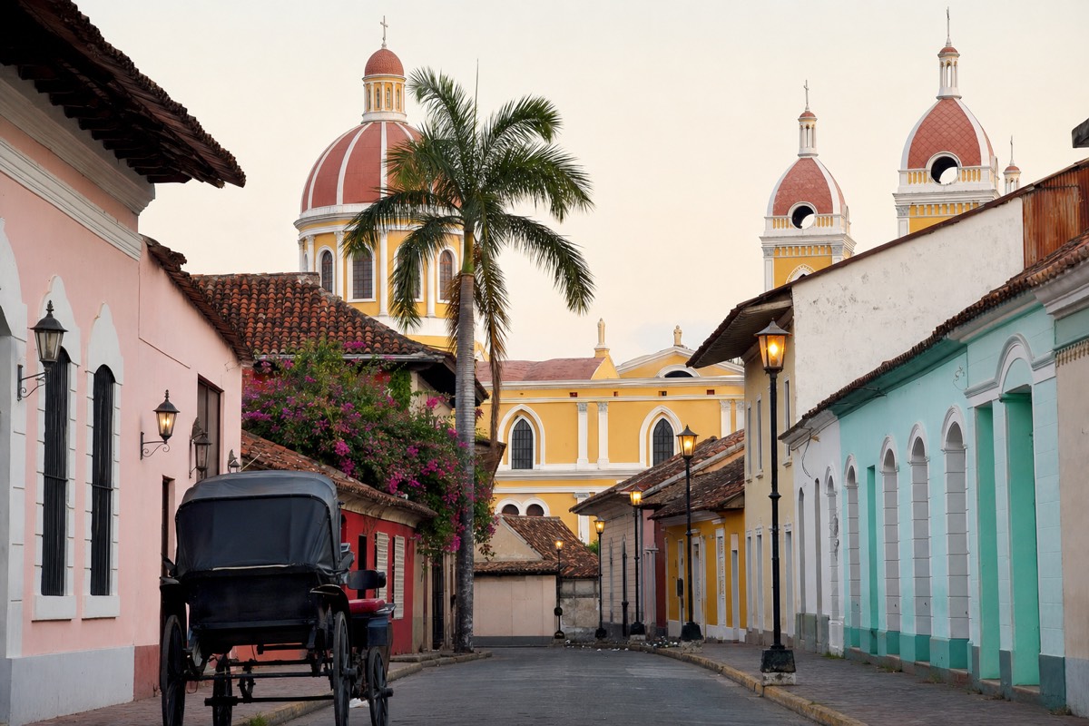 Pastel colonial street in Granada, Nicaragua, a calm base for Masaya Volcano tours