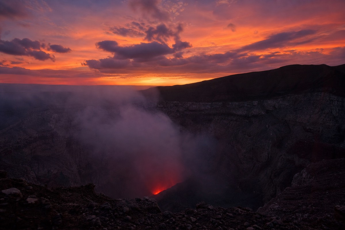 Masaya's crater rim at night, when the lava glow is strongest